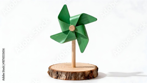 Green Wooden Pinwheel on Wood Slice