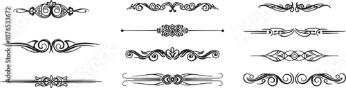 Nine black decorative ornamental dividers and borders on white background flourish scroll