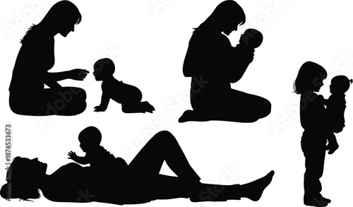 Mother and baby silhouette set showing caring moments, parent playing, holding infant, lying together, toddler interaction scenes, black vector family illustration isolated on white