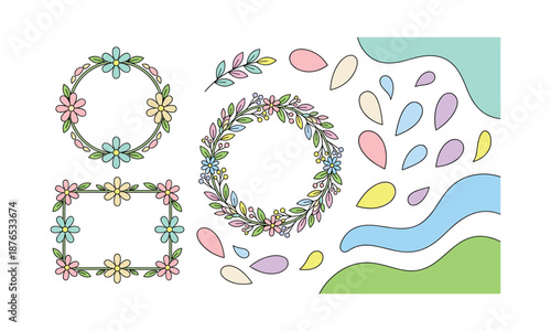 Flower frame set bundle spring floral borders and abstract shapes