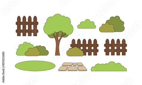 Garden set bundle spring fence tree and bush landscaping illustration