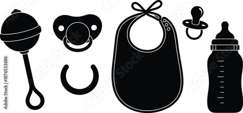 Baby accessories silhouette set including rattle, pacifier, bib, teether and milk bottle, newborn feeding and care items, black vector illustration isolated