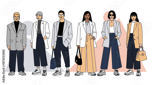 Diverse group of stylish people in modern business casual outfits