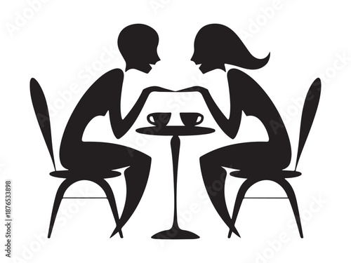 Minimalist Stylized Couple Sitting at Cafe Table Having Coffee Silhouette Vector for Romantic Date Night Concept