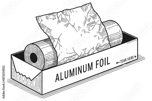 Aluminum foil roll in box wrapping foil kitchen utensils household item tear here message