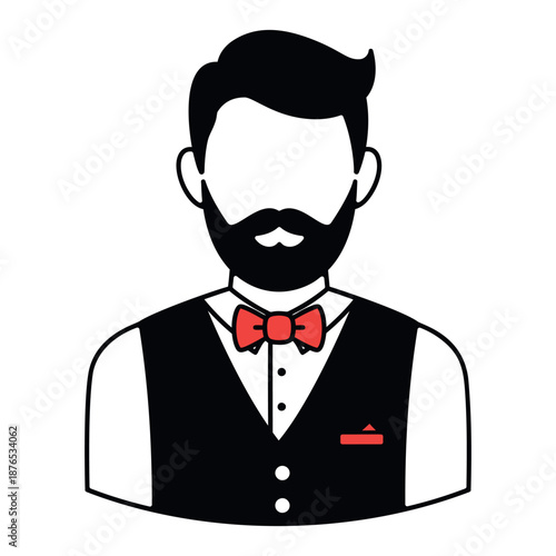 A stylish man with a beard wearing a bow tie and vest, illustrated in a minimalist style