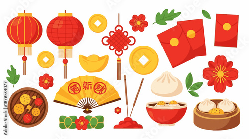 Flat lay of various traditional Chinese New Year decorations and foods on a white background with vibrant red and gold colors.