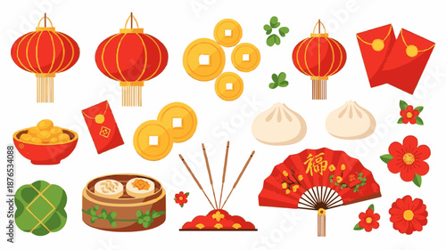 Flat lay of various traditional Chinese New Year elements including lanterns, food, and decorations on a white background.