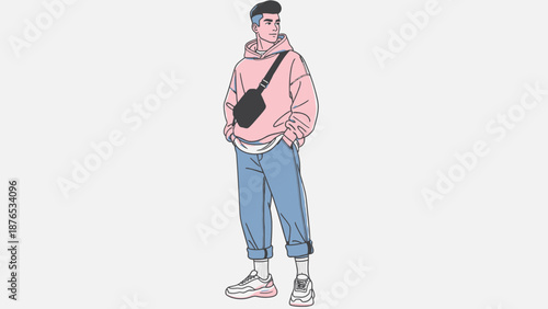 Young man in casual streetwear with hands in pockets looking confident