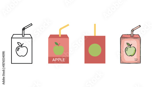 Apple juice box outline and cartoon vector illustration isolated on transparent background