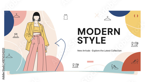 Stylish woman in modern outfit with colorful abstract background