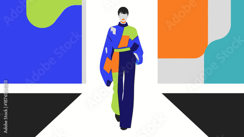 Fashionable woman walking down runway in modern colorful outfit