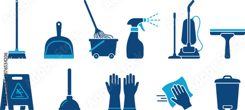Collection of blue cleaning tools and equipment icons on white background