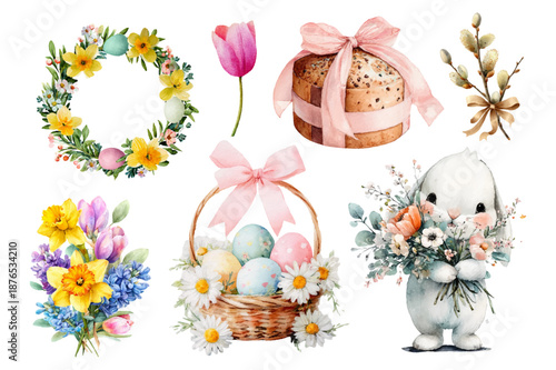 Watercolor Easter elements collection. Spring holiday set with bunny, panettone, willow branches, basket with Easter eggs and flowers. Cute seasonal illustrations including decorative  elements.