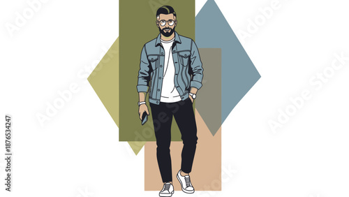 Confident young man with smartphone in modern casual outfit standing in front of geometric shapes