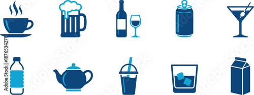 Collection of drink icons in blue tones on white background