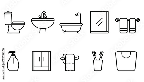 Bathroom equipment line icons set toilet sink bathtub mirror soap dispenser toothbrush scale