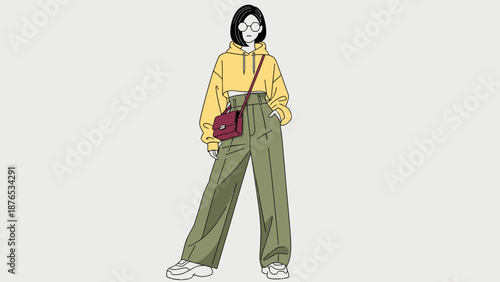 Fashionable young woman in stylish yellow hoodie and green pants