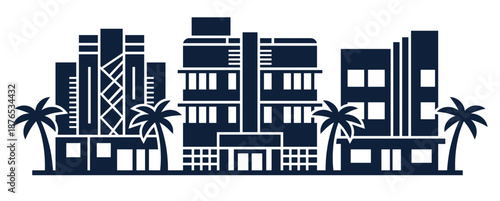 Miami Beach vector architecture silhouette. Art Deco hotel buildings on Ocean Drive. Retro Florida cityscape illustration with palm trees. South Beach historic district icons.