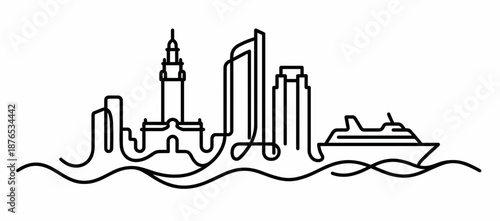 Miami skyline vector continuous line drawing. One line art of Florida city with cruise ship and waves. Minimalist port landscape sketch for travel design. Single stroke style.