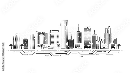 Miami skyline vector technology background. Digital circuit board city illustration. Abstract smart urban landscape with electronic lines and dots. Future network connection concept.