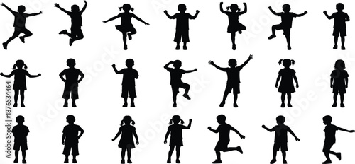 Black Silhouette Set of Twenty One Happy Children Jumping and Playing, Joyful Kids Figures for Childhood Education and Lifestyle Vector