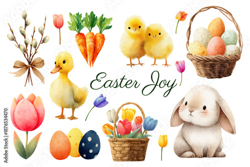 Watercolor Easter set. Cute bunny with flowers, duckling, willow branch, basket with tulips, Easter eggs, carrots etc. Spring Easter cliparts for cards and design.