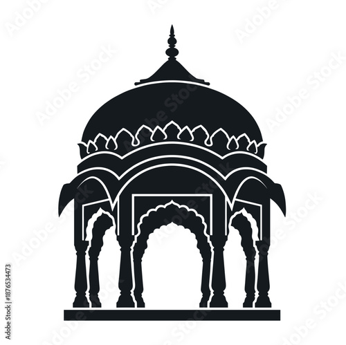 Traditional Indian architectural landmark vector illustration of Rajasthan Chhatri pavilion silhouette featuring ancient royal dome and pillars for travel and culture design element