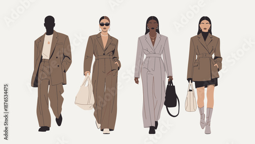 Fashionable people walking in stylish modern outfits and accessories