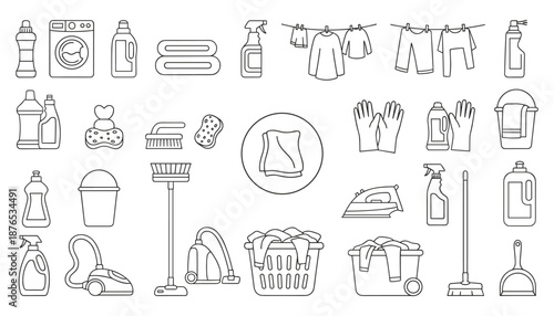 Cleaning and laundry icons set comprehensive line art for household chores washing and maintenance