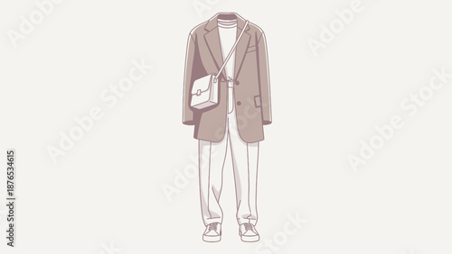 Minimalist modern men’s fashion illustration, beige blazer over white shirt, loose white trousers, white slip-on shoes, faceless character, clean and elegant style, soft pastel color palette, flat 