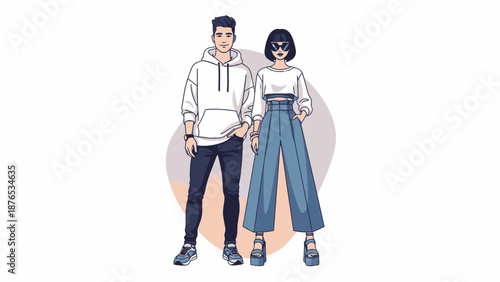 ,This couple's casual outfit looks perfect for a walk.