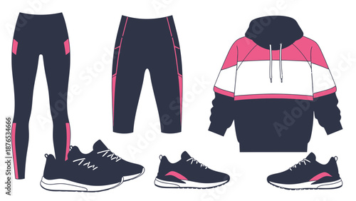 Modern vector illustration of sportswear outfit set including hoodie, jogger pants and running shoes, suitable for fitness, active lifestyle and athletic fashion concepts.