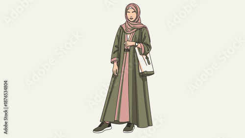Modern flat vector illustration of a stylish muslim woman wearing hijab and long dress, modest fashion outfit, olive green abaya with dusty pink accents, carrying handbag, elegant urban islamic fashio