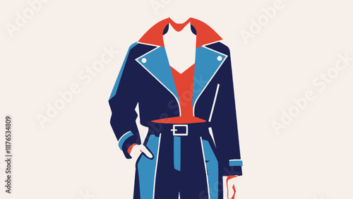 Modern flat vector illustration of a stylish women blazer outfit, faceless fashion torso, navy blue and red jacket with white shirt, clean minimal background, elegant urban fashion style, high detail,