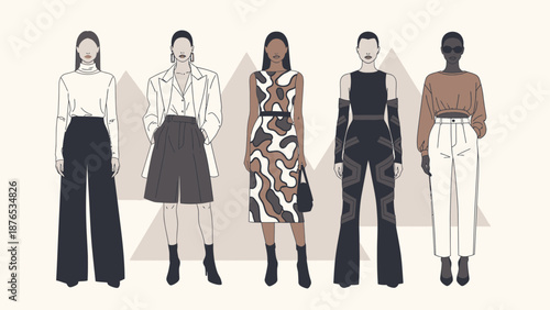 outfits, clean flat vector style, soft pastel background, elegant feminine poses, simple line art, high detail, smooth shading, contemporary fashion look, isolated on light background, adobe stock sty