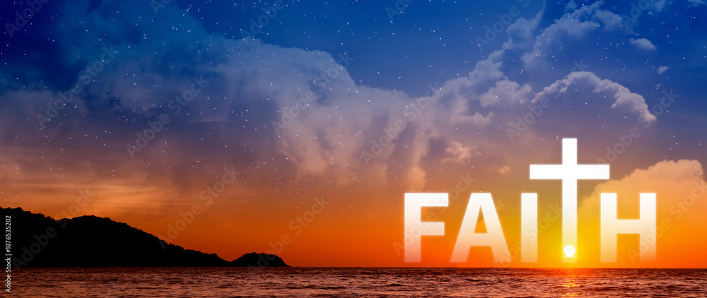 Fototapeta premium Faith and fear concept. words written with Clouds blue sky, Inspirational Christian message of hope and belief journey with the word faith. not ai