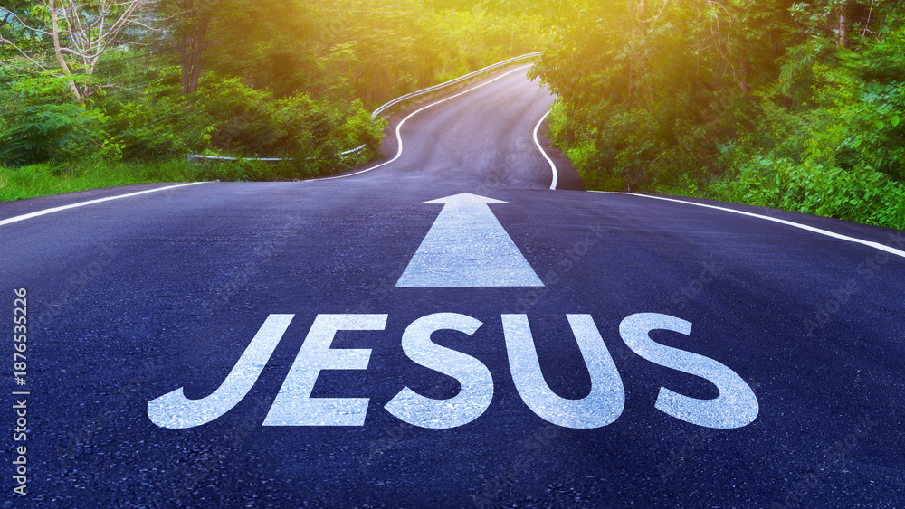 Naklejka premium Jesus and Faith concept. words written on the asphalt and arrows, Inspirational Christian message of hope and belief journey with the word faith. not ai