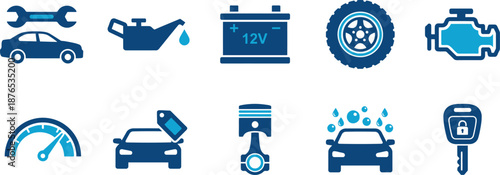 Set of blue automotive maintenance and repair icons on white background