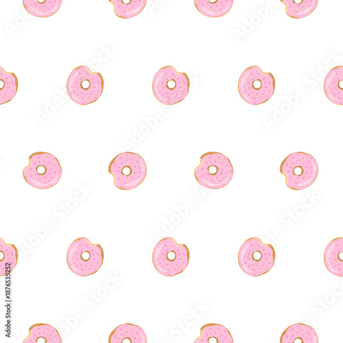 Whimsical seamless vector pattern of pink-frosted donuts with sprinkles and bite marks, perfect for bakery packaging, dessert menus, and cheerful digital wallpapers.
