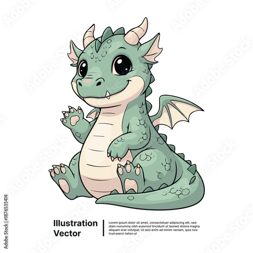 A cartoon dragon sits happily with a friendly smile, showcasing its green scales and wings in a playful illustration.