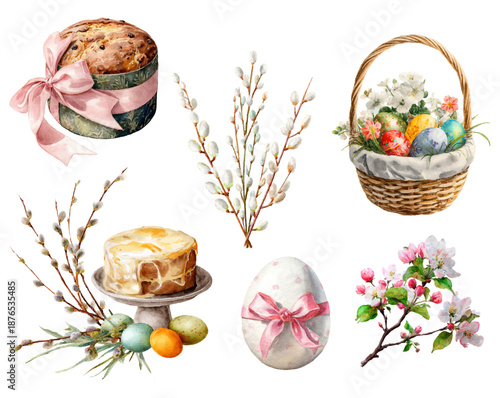 Watercolor Easter cupcakes with spring flowers, willow branches, and pastel eggs. Cute bakery set featuring cream treats, pink bows, and festive Easter basket elements.