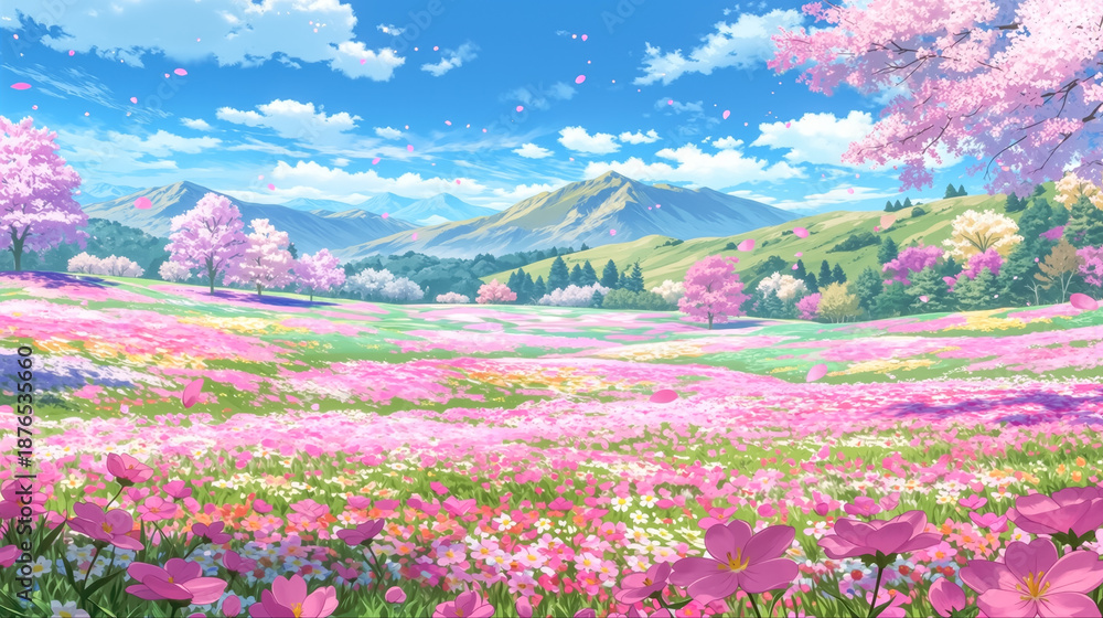 Obraz premium 桜の花びらが舞い、ピンクの絨毯を敷き詰めたような花畑が広がる春の美しい山岳風景イラスト