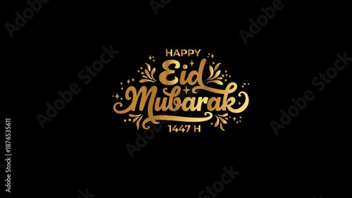 Happy Eid Mubarak Golden Calligraphy with Confetti on Black Background.