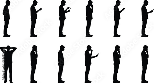 Silhouettes of a man using a smartphone with various postures and expressions of thinking or frustration, isolated on white background.
