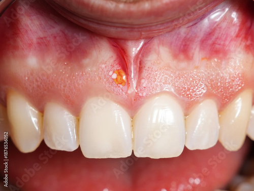 Close up of human gums with inflamed tissue and a small lesion mouth teeth