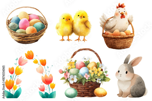 Watercolor Easter set with spring bunnies, cute chickens, willow baskets, and tulips. Colorful cartoon eggs, cupcakes, and floral elements for festive holiday designs.