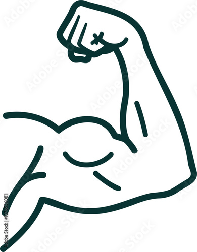 Simple outline drawing of a flexing bicep muscle with fist clenched, dark green over transparent