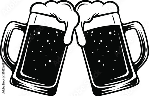 Two beer mugs clinking together with frothy foam, black silhouette, party and celebration graphic