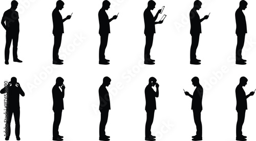 Silhouettes of a man using a smartphone, showing poor posture and tech neck, isolated on white background for mobile technology addiction.